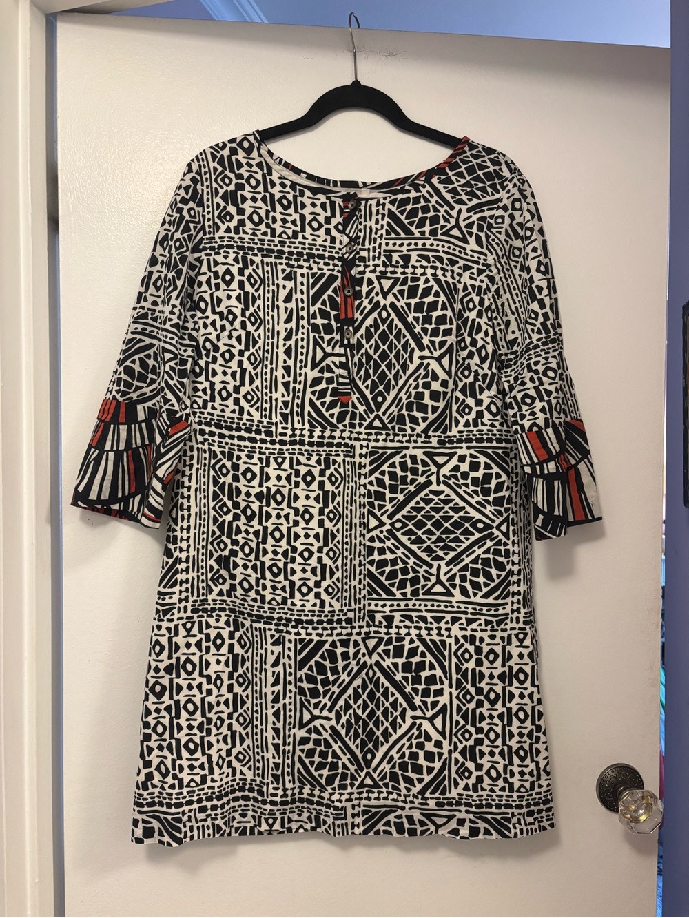 Trina Turk Black, White & Red Geometric Midi Dress tribal l boho